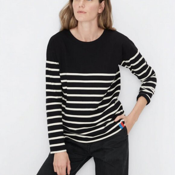 KULE Boyfriend Stripe Top Black Cream Classic Relaxed Fit Size Small EUC - Picture 1 of 6
